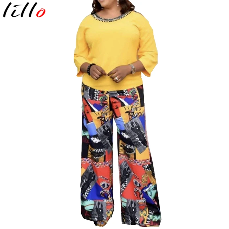 

Casual Long Sleeve Shirt Women Set New Two-piece Round Neck Sequined Long-sleeved Shirt Printed Wide-leg Pants Suit Women