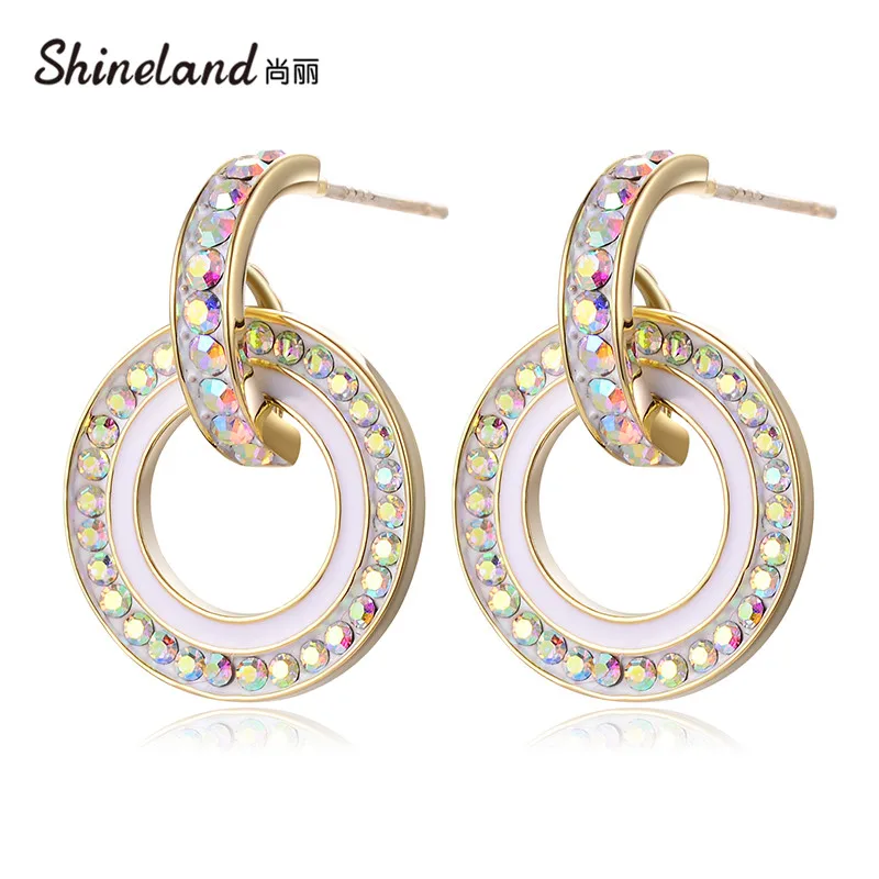 Shineland элегантные новые модные женские кристалл радуга эмаль круг висячие серьги