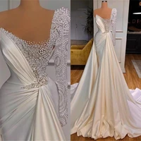 pearls mermaid wedding dresses luxury one shpulder long sleeve overskirt bridal gowns newest design robes de mari%c3%a9e custom made