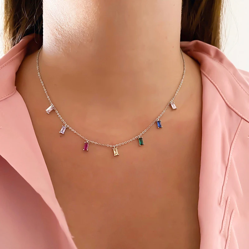 

SIPENGJEL Fashion Shiny Colorful Cubic Zircon Pendant Neckalce Geometric Simple Gold Chains Choker For Women Jewelry 2021