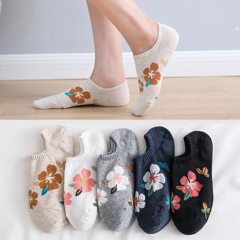 

Spring Summer Woman Cotton Floral Jacquard Elastic Welt Antiskid Low Invisibility Girl Breathable ins Fashion Socks