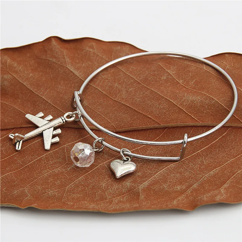 1pc Airplane Bangle With Beads Heart Charms Plane Bracelet Travel Jewelry For Pilot Gift E2193 | Украшения и аксессуары