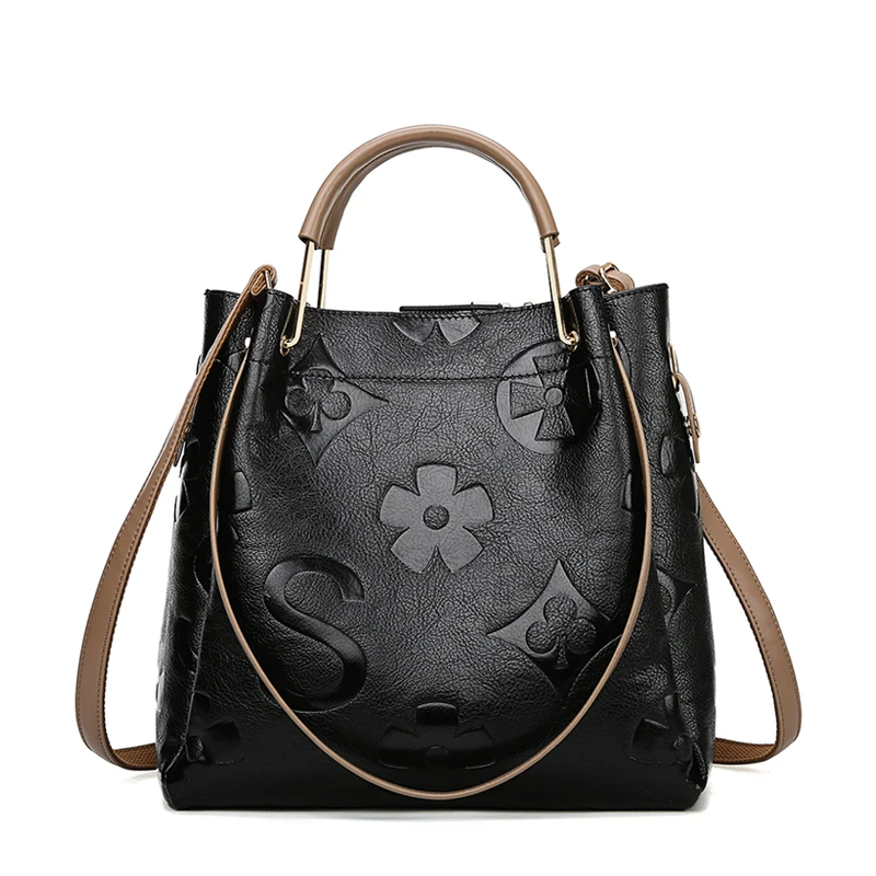 

New Vintage Flower Pattern Handbag for Women Genuine Leather Classic Black Casual Totes Office Lady Bag Large Capacity neverful