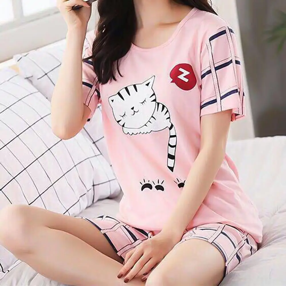 

Women Girls Summer Pajamas Set Cute Cartoon cats Printed Short Sleeve Loose Tops Shorts Sleepwear Loungewear interior Pyjamas