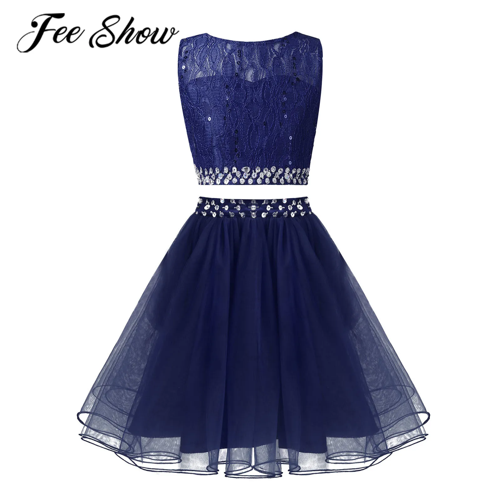 

Kids Beaded Party Gowns Lace Flower Girls Suits Children's Sleeveless Sequins Crop Top + Mesh Tutu Skirts 2Pcs Girls Outfits