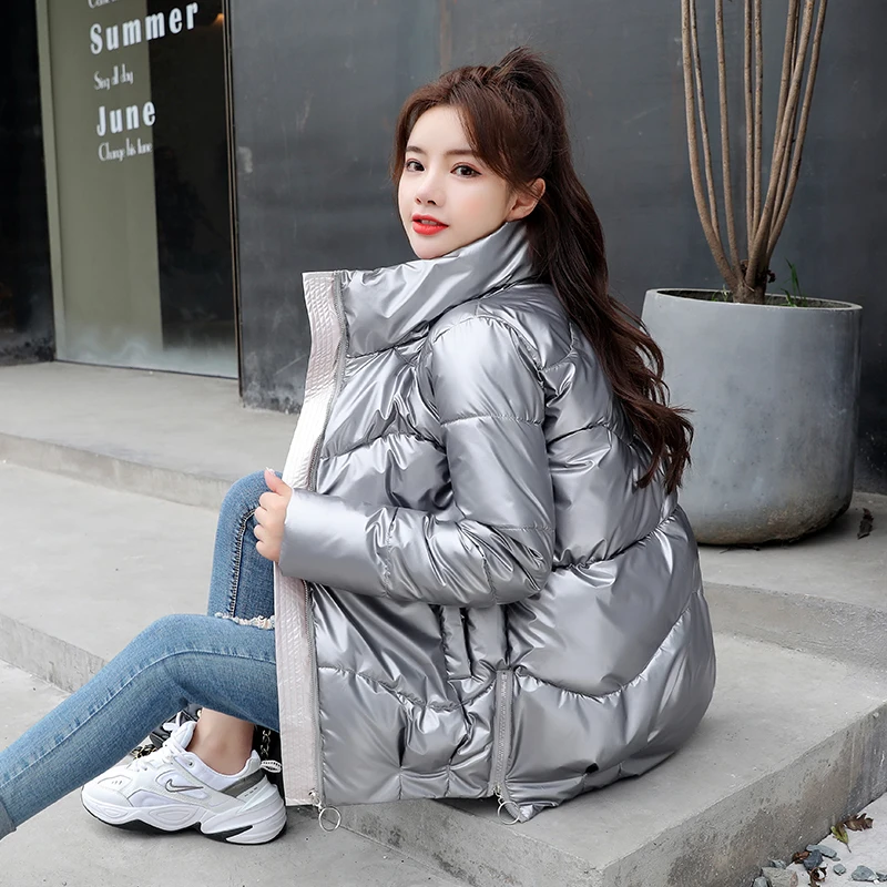 Women's Winter Short Jacket Oversized Thick Casual Parkas Woman Stand Collar Shiny Solid Glossy Plus Size Cotton Overcoat Female | Женская