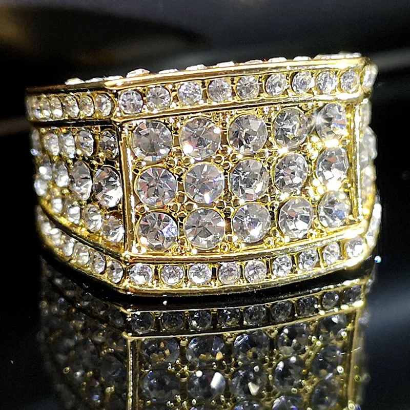 

Men's Business New Gold-Plated Wide Face Full Diamond Ring European And American Hip-Hop Ring Eternal Promise Ring Party Jewelry