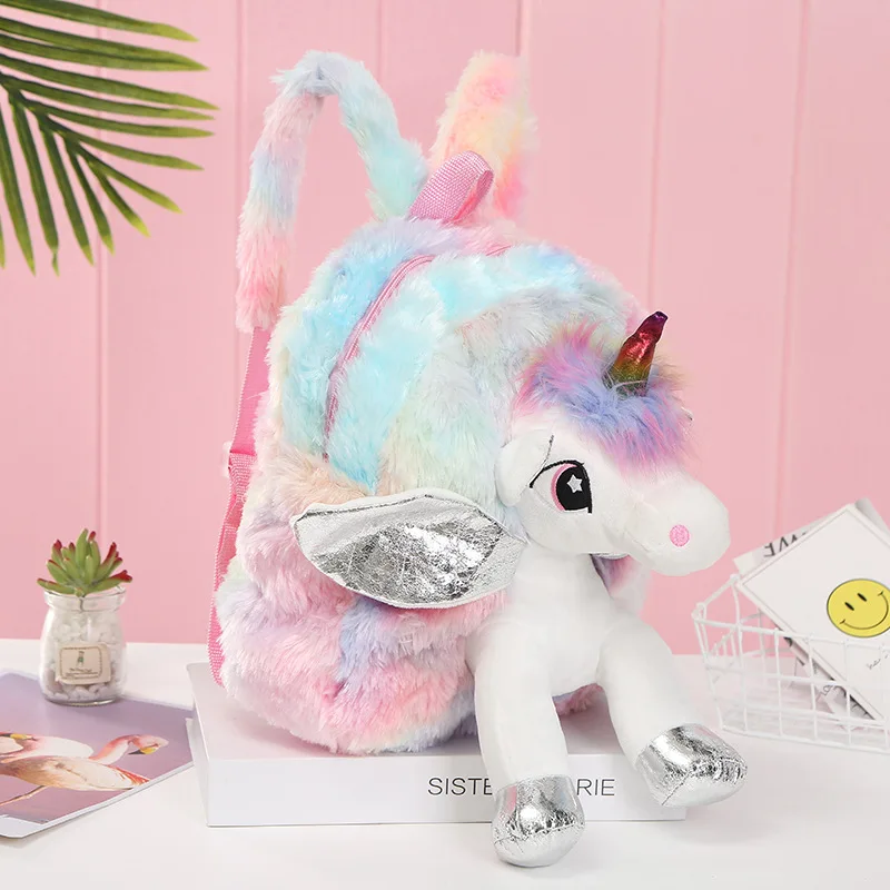 Cute Unicorn Student School Backpack Girl Cartoon Mini Fur Schoolbag Kidergarten Doll Plush Bag Toy Doll Backpack Children Gift