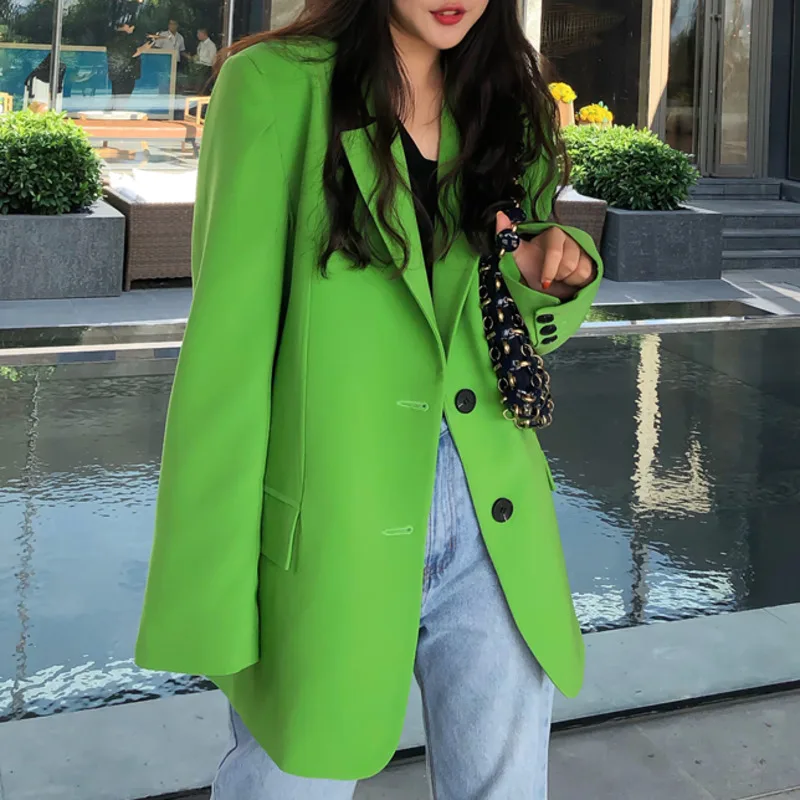 

Autumn 2021 Tide Notched Single-breasted Green Full Loose Suit Fashion Big Pocket Coat High quality office lady blazer