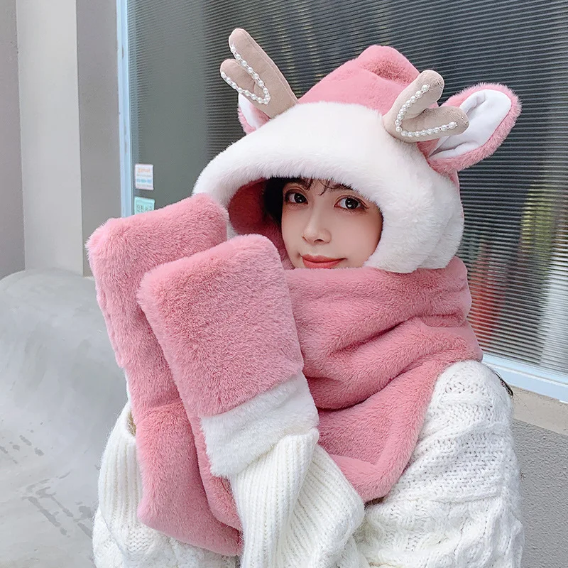 

2021 Рождественская плюшевая шапка-шарф с оленьими рогами, цельный женский милый шарф, перчатки, универсальная зимняя теплая шапка из трех пр...