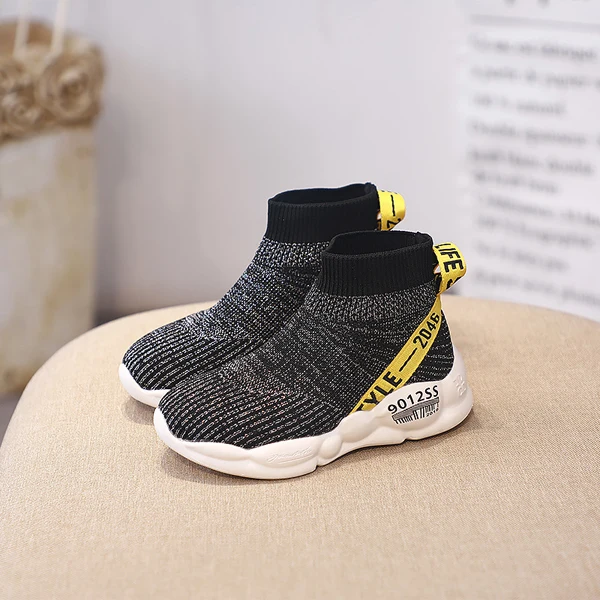 Черный Kids Shoes Autumn Fashion Girls High Top Socks Shoes Boys Breathable Sports Sneakers Children Casual Black Trainers FH2465 - Цвет: Черный