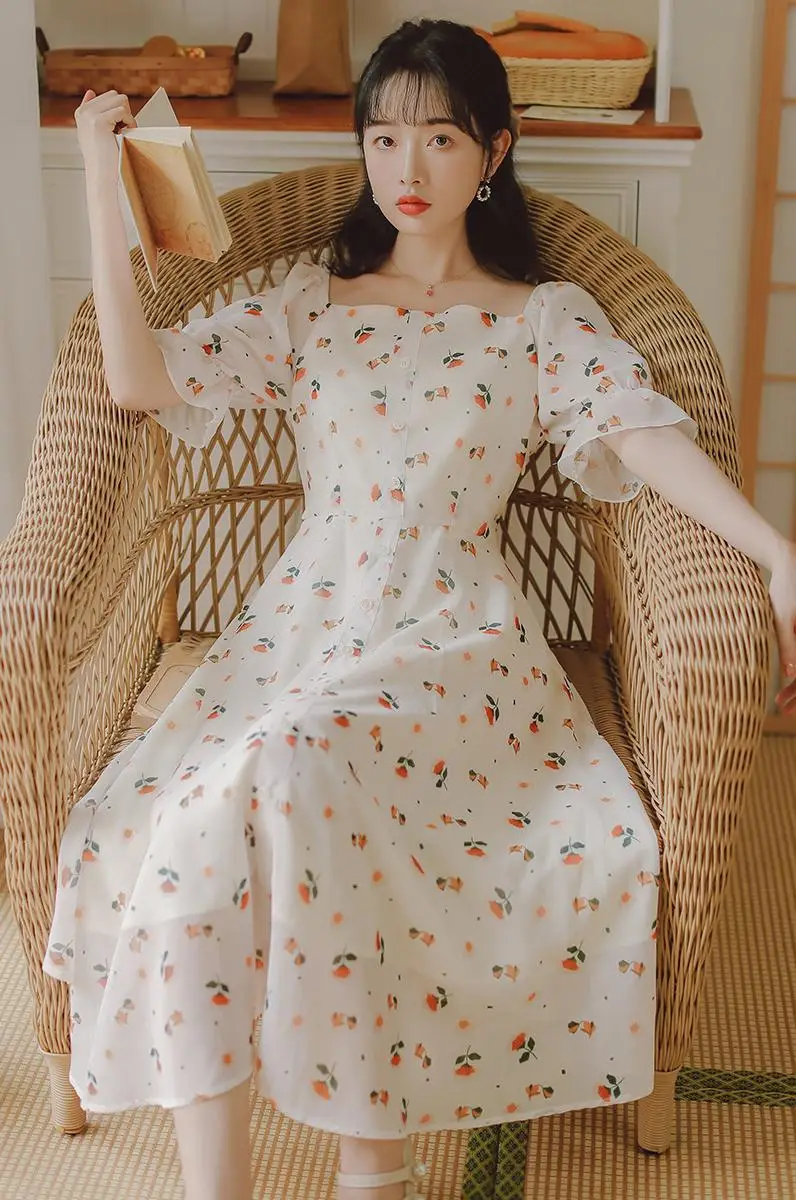 

COIGARSAM Floral Print Women dress Summer Short Sleeve Single Breasted Square Collar Dresses s3124