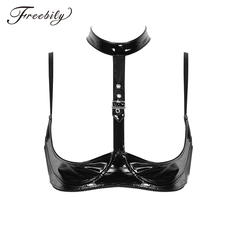 Hot Sexy Women Wet Look Patent Leather Lingerie Halter Adjustable Spaghetti Straps Open Half Cups Wire-free Erotic Bra | Тематическая