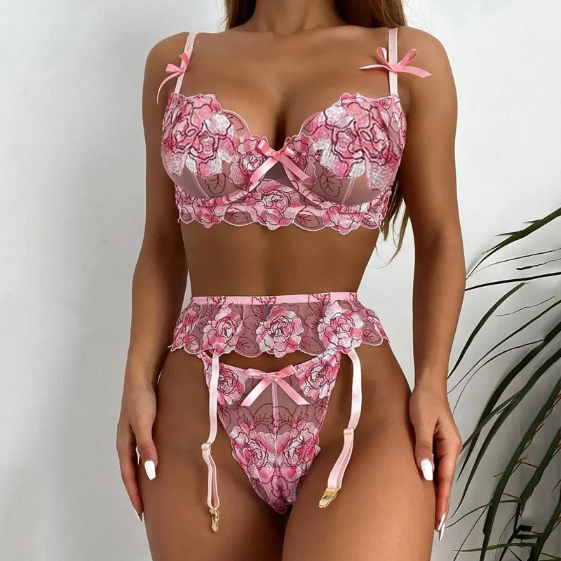 

Комплект женского нижнего белья с цветочной вышивкой, Эротическое нижнее белье, Женский ажурный бюстгальтер, Короткие комплекты, сексуальн...
