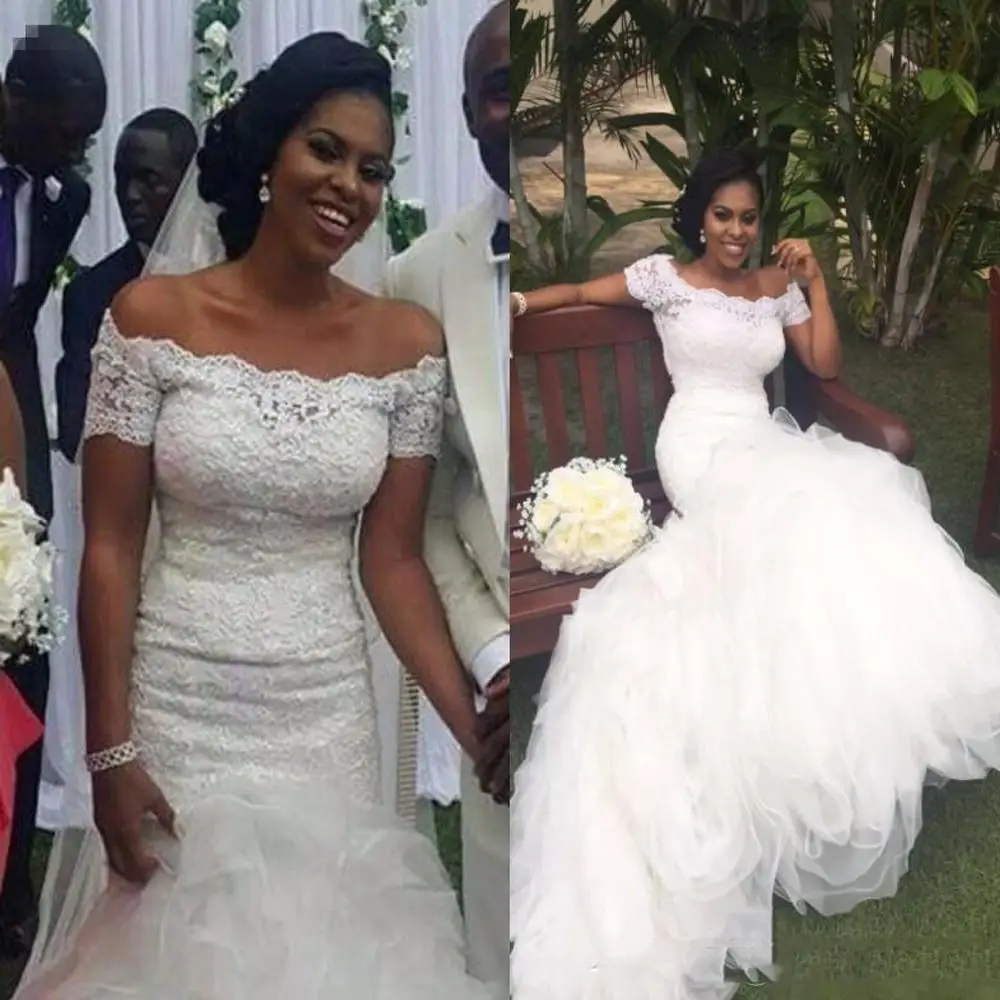 

South African Nigerian 2017 Lace Mermaid Wedding Dresses Off Shoulder Bridal Gown Short Sleeves Court Train Appliques Backless