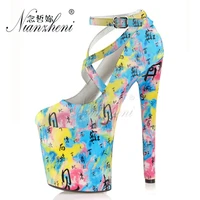 new style color chinese characters shallow buckle strap pumps models party dress fashion 20cm super high heeled shoes 8inch lady