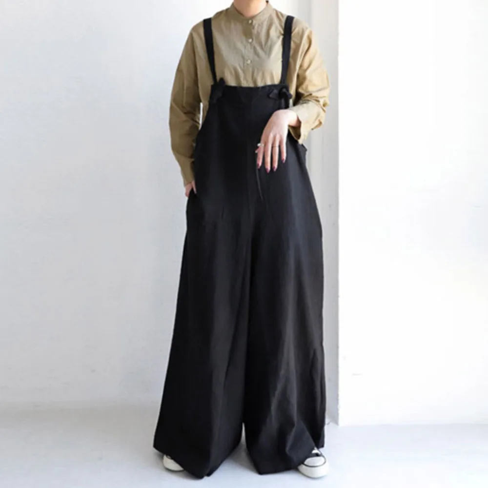

Japanese Casual Jumpsuit Drape Lazy Overalls 2021 Summer New Loose Patchwork Pocket Solid Color Cotton Linen Wide Legs