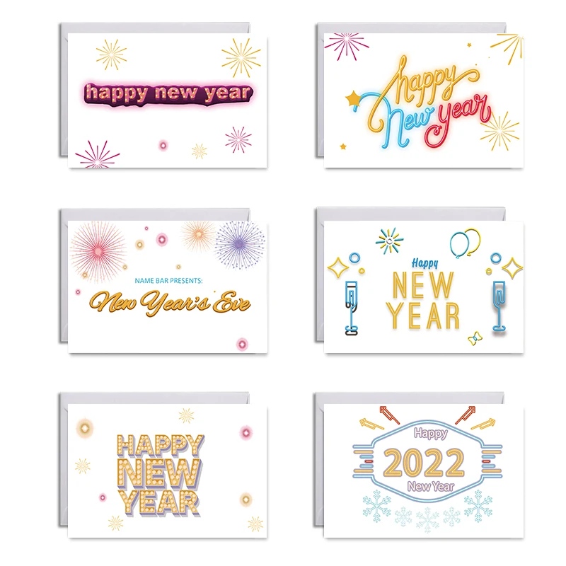 

6Sets/Pack Assorted Happy New Year Greeting Cards With Envelopes And Stickers Folding Cards Blank Inside Greeting Cards For 2020