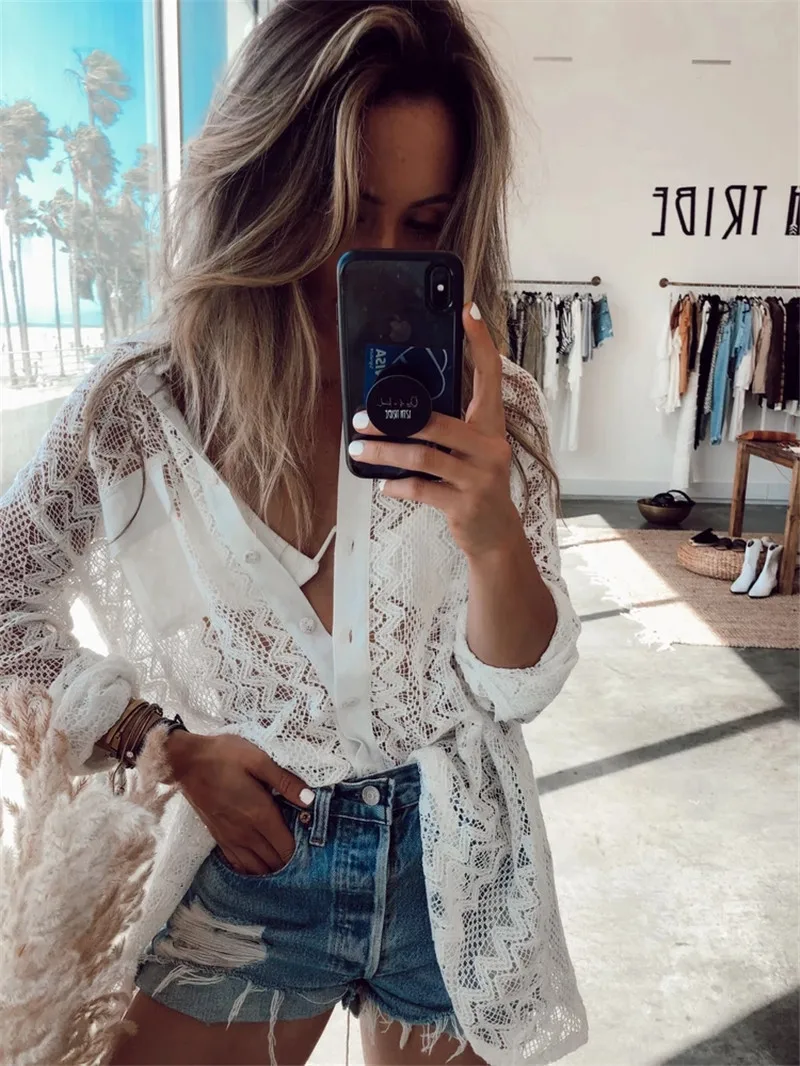 Женские пляжные блузки с отложным воротником белые кружевные топы ажурные