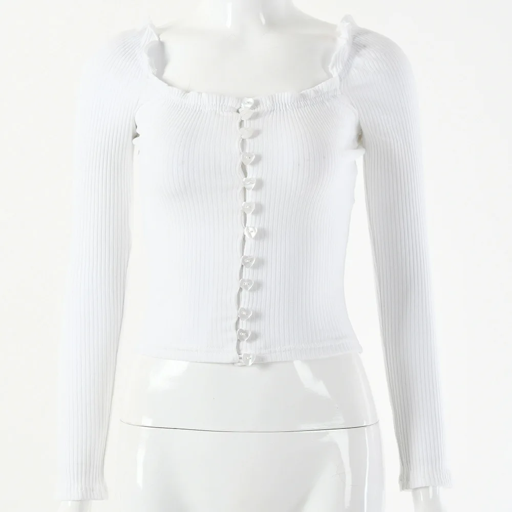 

Cropped T-Shirt Y2K Sexy Tops Harajuku Long Sleeve Women Summer Love Buttons Crop Top High Street Casual Tight White Fashion
