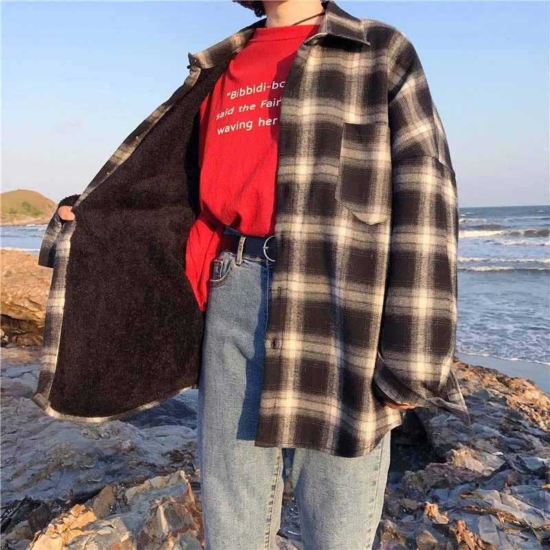 Осень Зима Женская Корейская Вельветовая плотная клетчатая рубашка пальто