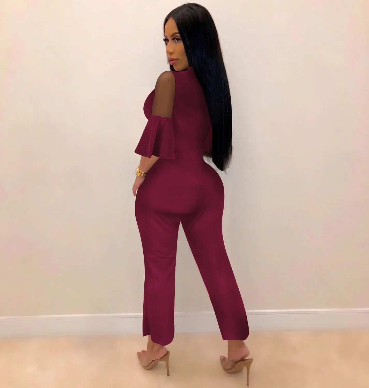 

New women's jumpsuits yellow black wine red color with black lace patchwork three quarter flare sleeves elegant jumpsuits