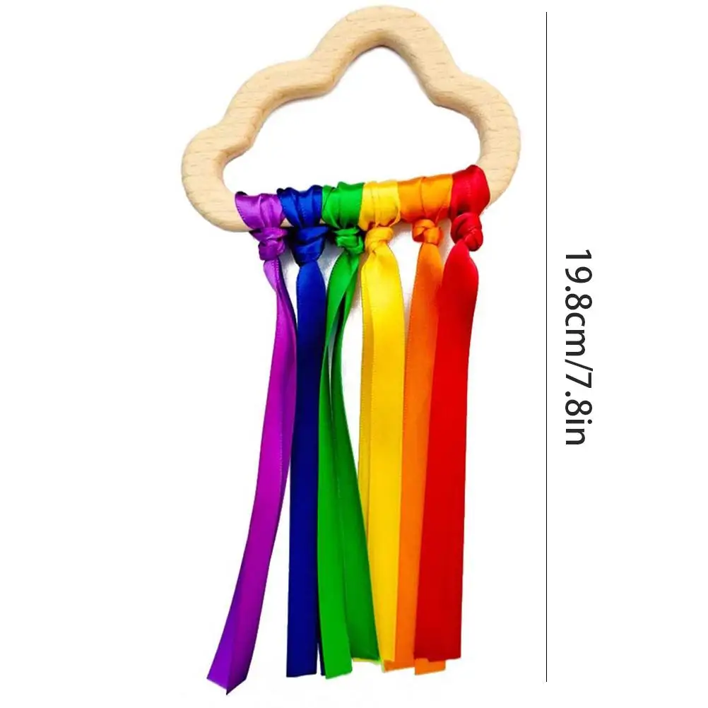

2Pcs Rainbow Wooden Ribbon Ring Toys Baby Teether Newborn Baby Sensory Toy Cloud Ribbon Molar Wooden Circle Teether Toy