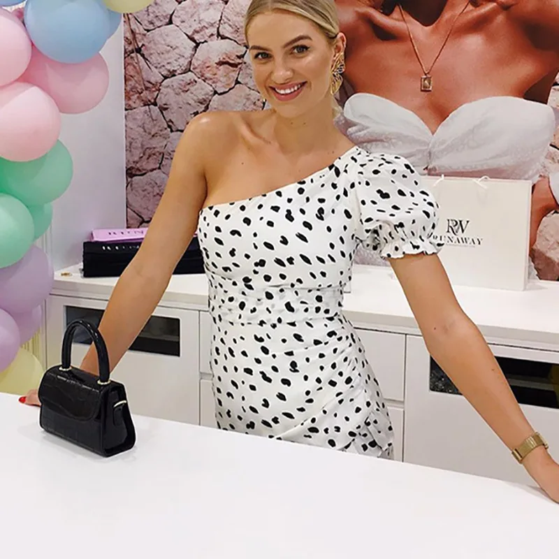 Black White Polka Dot Dress One Shoulder Short Sleeve Ruffles Summer Ladies Ruched Mini Women Vestidos 2020 Dresses | Женская одежда