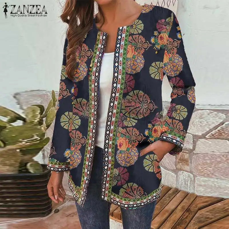 

Women Autumn Elegant Coats ZANZEA 2021 Kaftan Printed Cardigans Long Sleeve Outwears Female Open Stitch Casual Patchwork Jackets