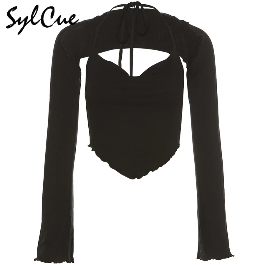 

Sylcue Autumn new halter lacing tank tops are paired wear with long flared sleeves stretch Slim Soft pure color casual women's