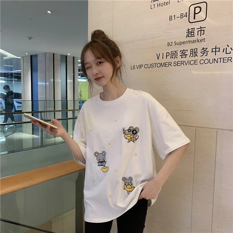 

YTX181 2021 new loose age reduction cute cartoon embroidery white super fire short-sleeved T-shirt top