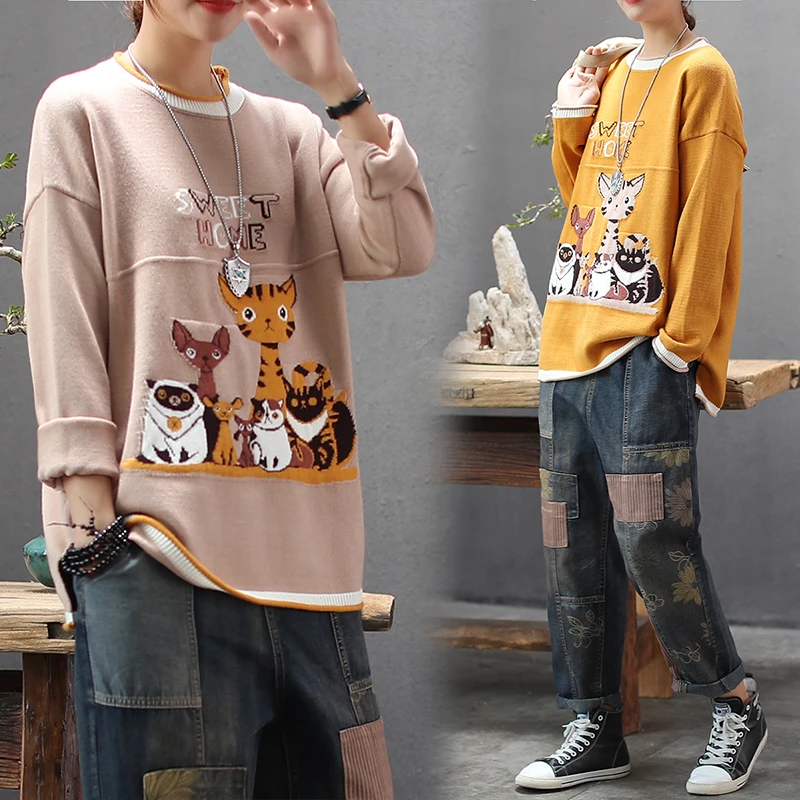 2019 осенне-зимний женский свитер тренд Стиль Повседневный с рисунком кота круглый