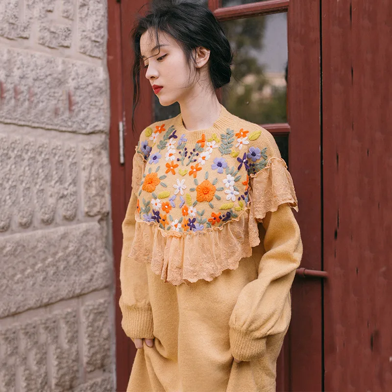 Женское винтажное вязаное платье длинное кружевное свитер с цветочным принтом