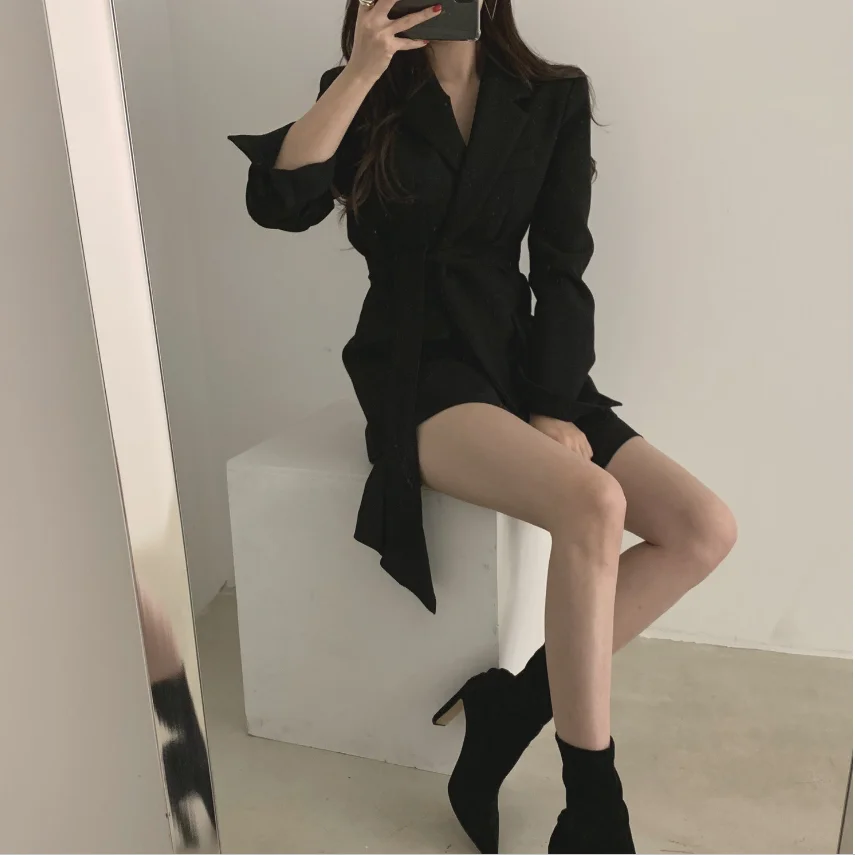 

Autumn Winter Women Jackets Office Ladies Lace up Notched Formal Outwear Elegant White Black Tops