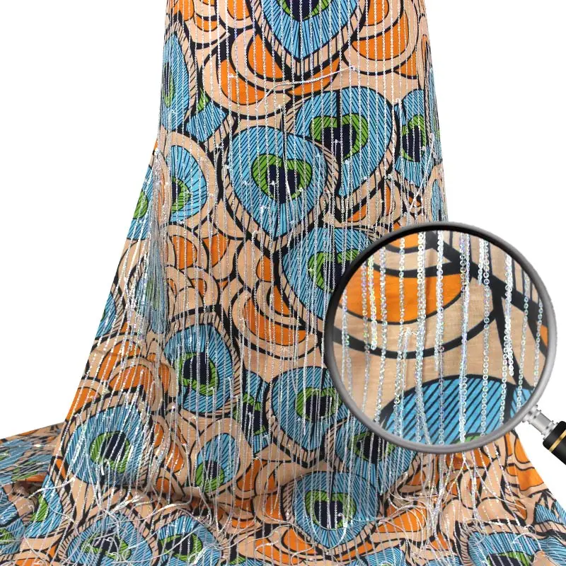 

100%Cotton African Sequins Wax Fabric Tassels Soft Wax Print Fabrics Ankara Materials 6Yards Tissu Sewing For Lady Dress F212-11