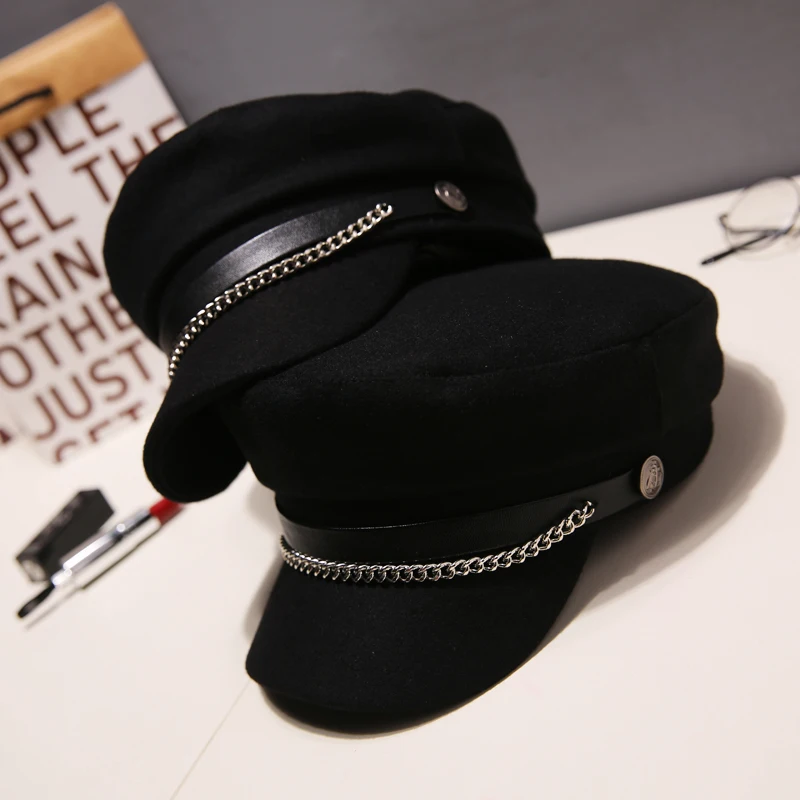 Осенне-зимние шерстяные шапки в стиле милитари с цепочкой для женщин женская