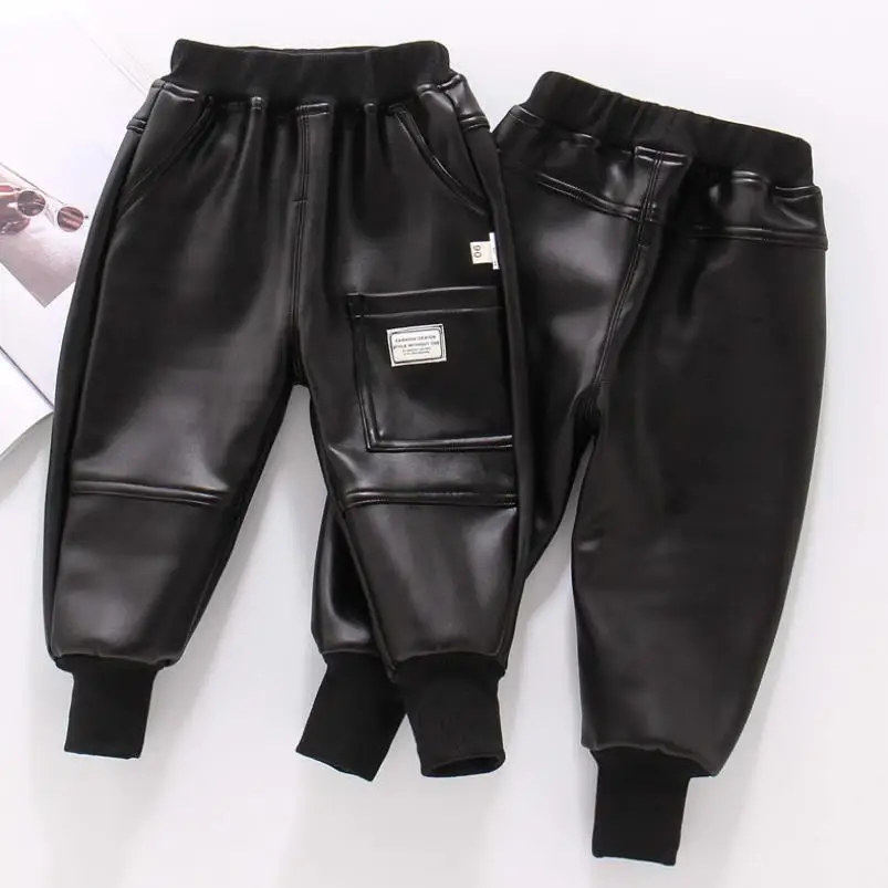 New Children Winter Casual Leather Pants Girl  Boys thickening Warm Pants Kids Long Trousers Baby Girls PU Pants 2-7Years