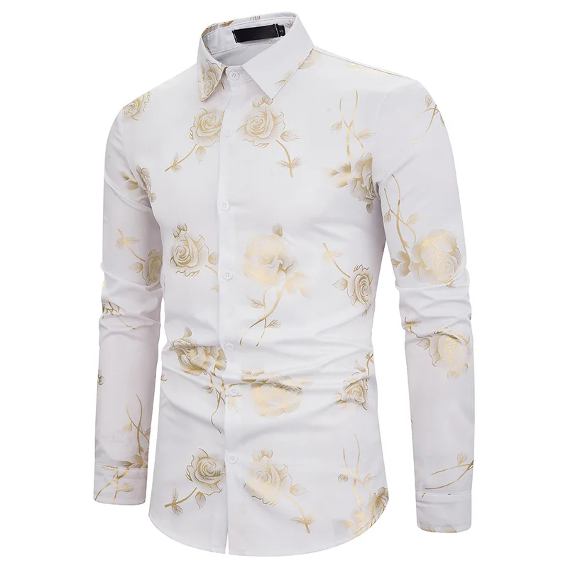 New Men Hipster Luxury gold Rose Bronzing Printed Long Sleeve Dress Shirt wedding Night club Hip hop party Slim Shirts
