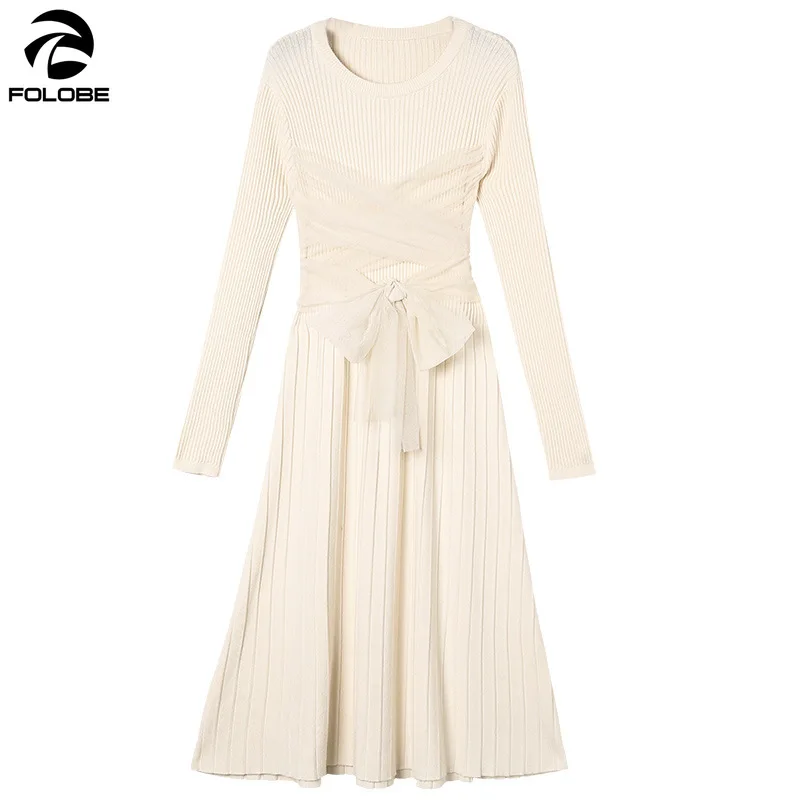 

FOLOBE Autumn Winter Kinted Dresses Women Organza Patchwork Long Sleeve O-neck A-line Slim Korean Knitted Dress Thick Vestidos