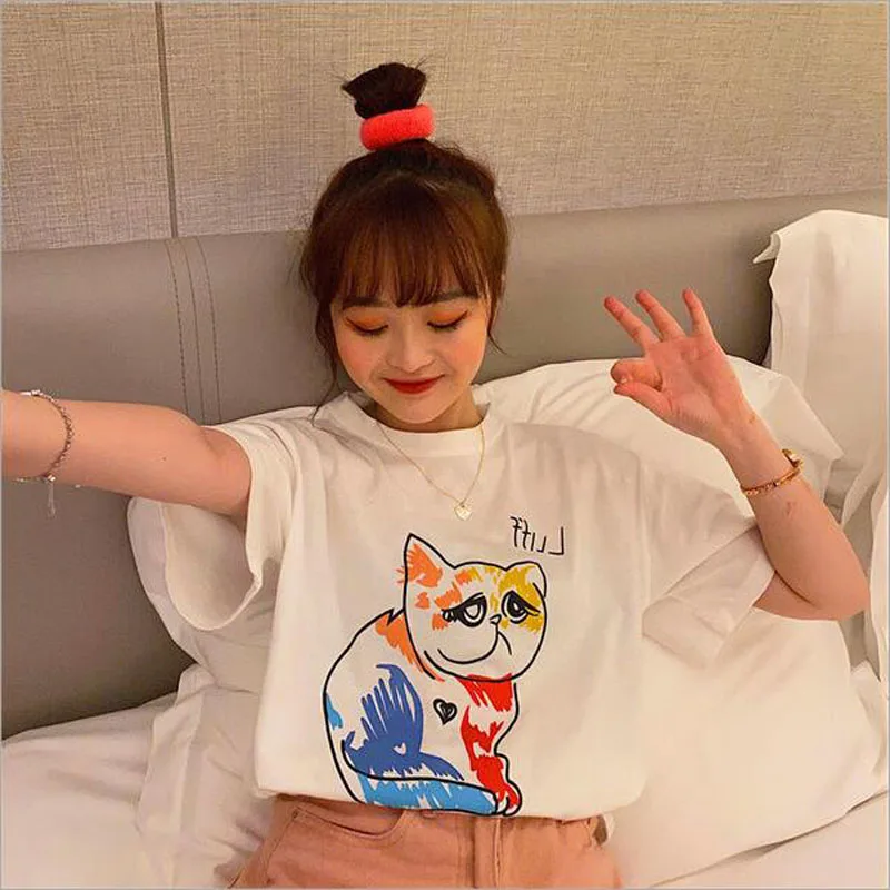 Сезон весна-лето Новая футболка для женщин в стиле граффити с принтом Кот