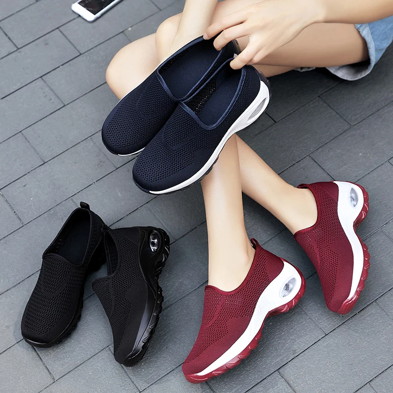 

Women Walking Casual Air Sole Flywire Sneaker Wedge Heel Fashion Shake Shoes Lightweight Soft-soled Work Socks Shoes