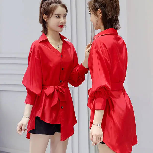 

Fashion Ladies Casual Lace-up Bowknot Long Sleeve Shirt Single-breasted Elegant POLO Collar Asymmetrical Hyun Ya Tunic Shirt