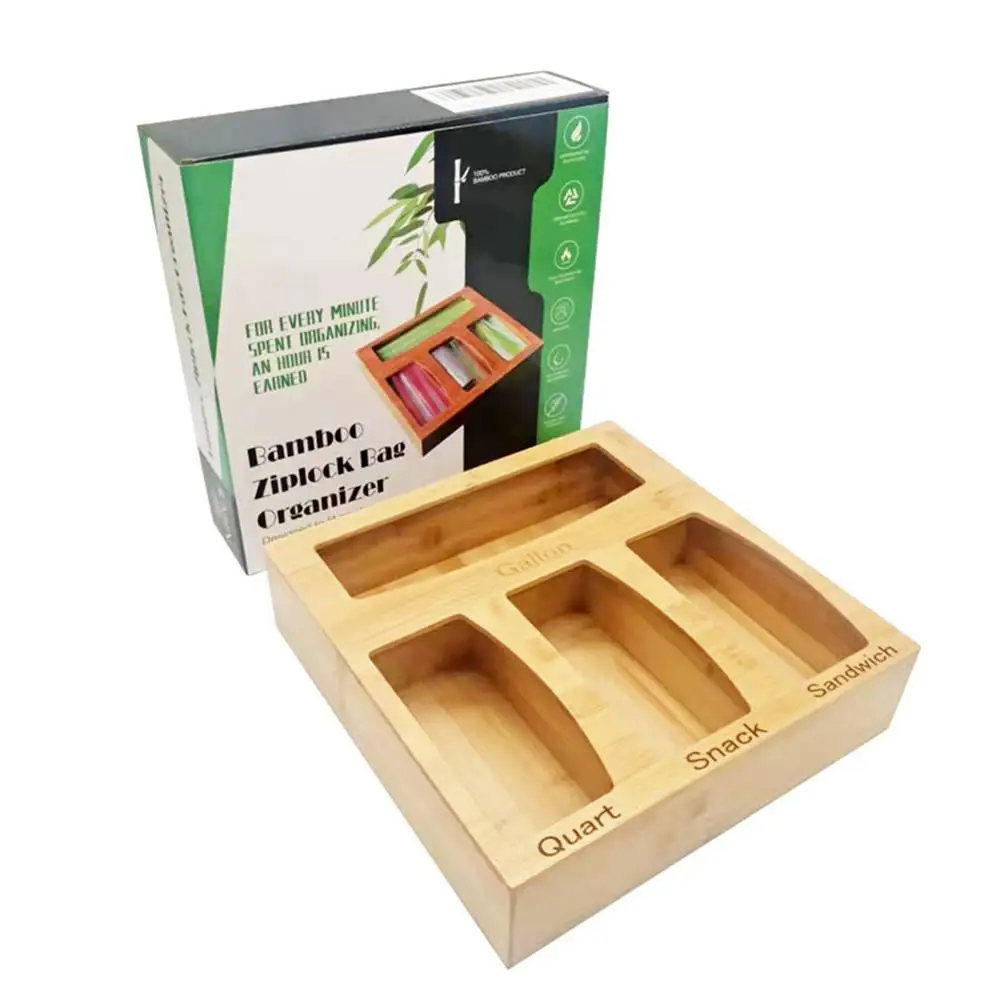 Food Ziplock Bag Organizer Multi-use Bamboo Kitchen Drawers Storage Holders for Most Brands of Gallon,Quart,Sandwich Bag