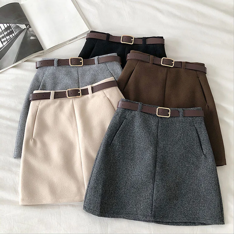 

Casual Korean Women Winter Mini A-Line Skirts Vintage Female Sashes High Waist Skirts Kawaii Students Empire Above Knee Skirt