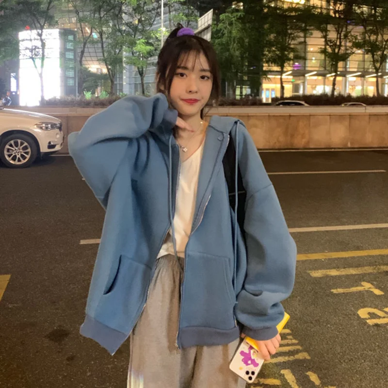 

Свитшот с капюшоном, кардиган, женский свободный утепленный флисовый кардиган в Корейском стиле на осень и зиму