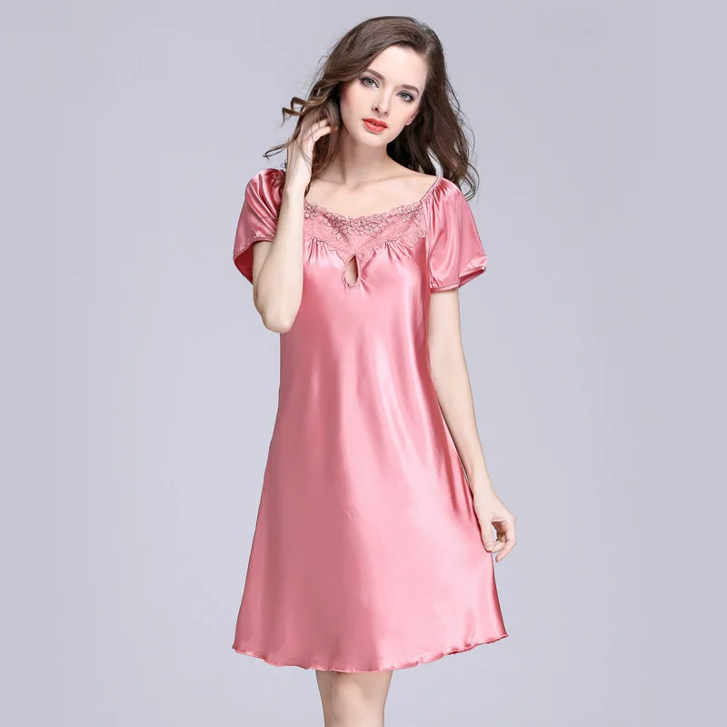 

Ice silk pajamas female summer new sexy short sleeves with lace sexy sleep skirt home wear