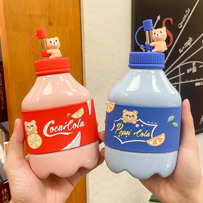 

New Creativity Student Couples Cola Drink Bottle Straw Cup Child With Cover Ceramics Straw Cup Cute Cartoon Ceramics Straw Mug