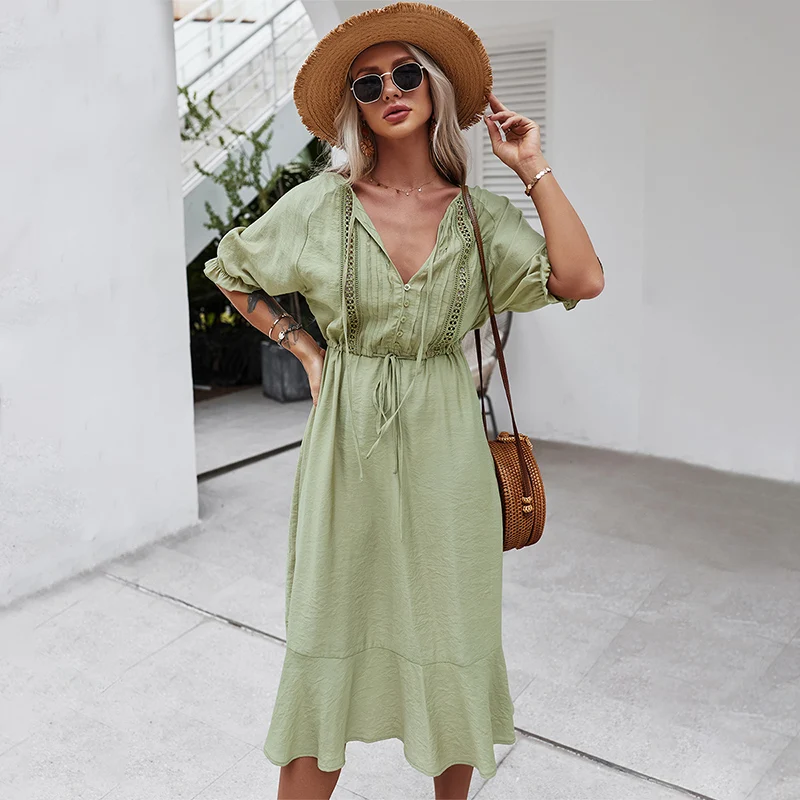 

V-neck Solid Color Lace-up Half Sleeve Sleeve Ruffle Dress High Waist Loose Hollow Breasted Casual Splicing Long Skirt