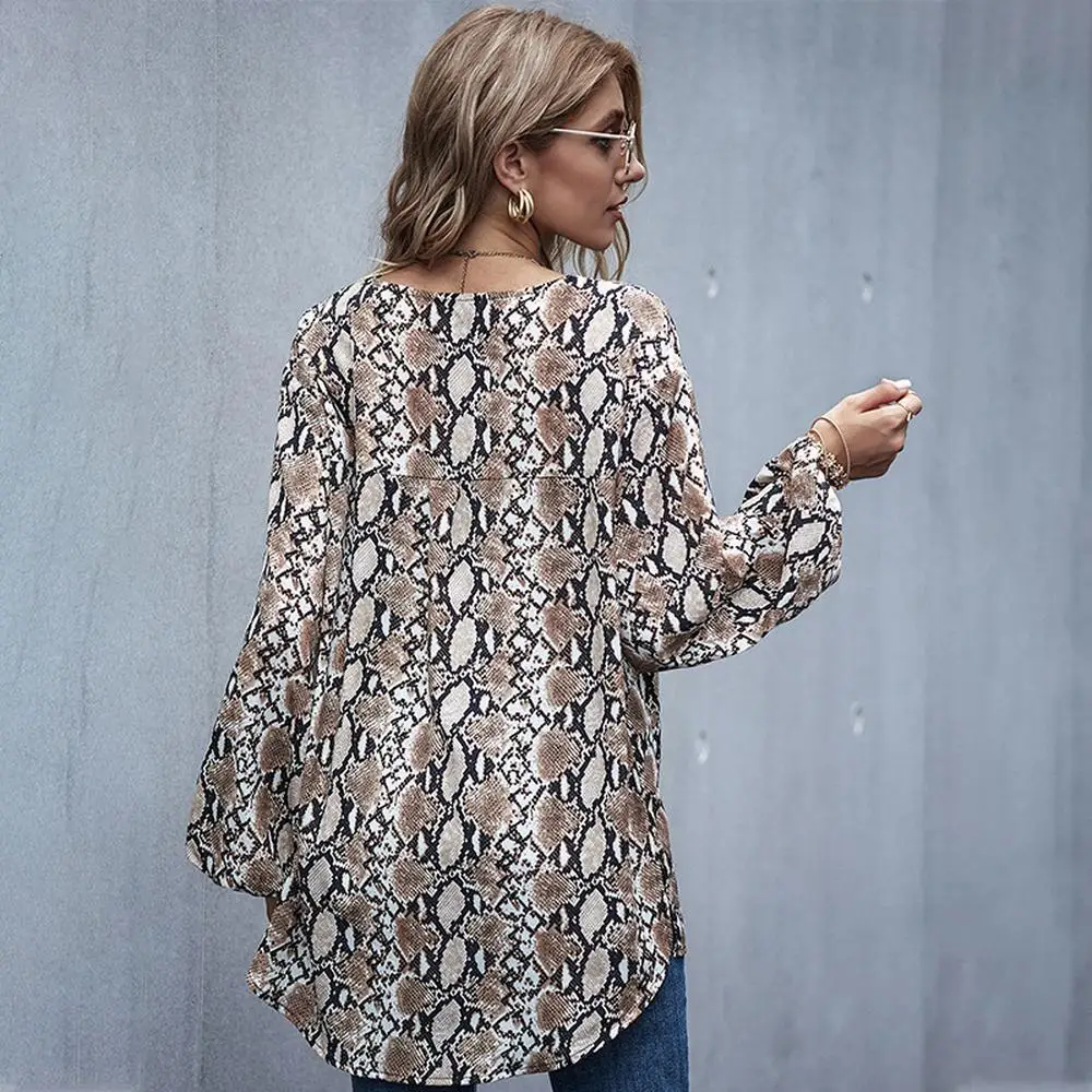 

2020 Autumn Women's Casual Chiffon Blouses Shirts Street Beach Style V-neck Long Sleeve Leopard Loose Ruffles Blouses for Woman