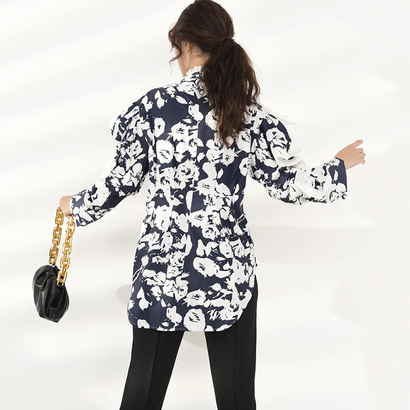 

Printed Lace Women Temperament Blouse New Stand Collar Long Sleeve Loose Fit Shirt Fashion Spring Autumn 2021 1X97901S